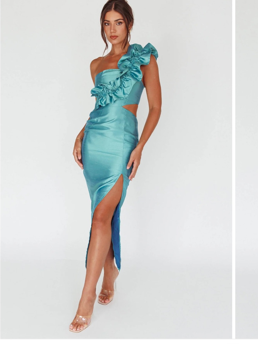 Selfie Leslie NY Moment Wide Ruffle One-Shoulder Dress - Forest Green, NWT